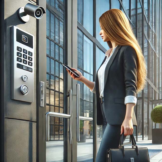 DALL·E 2025-04-04 11.35.08 – Photo-realistic image of a businesswoman standing outside a modern office building, using her smartphone to unlock the glass main entrance door. The b